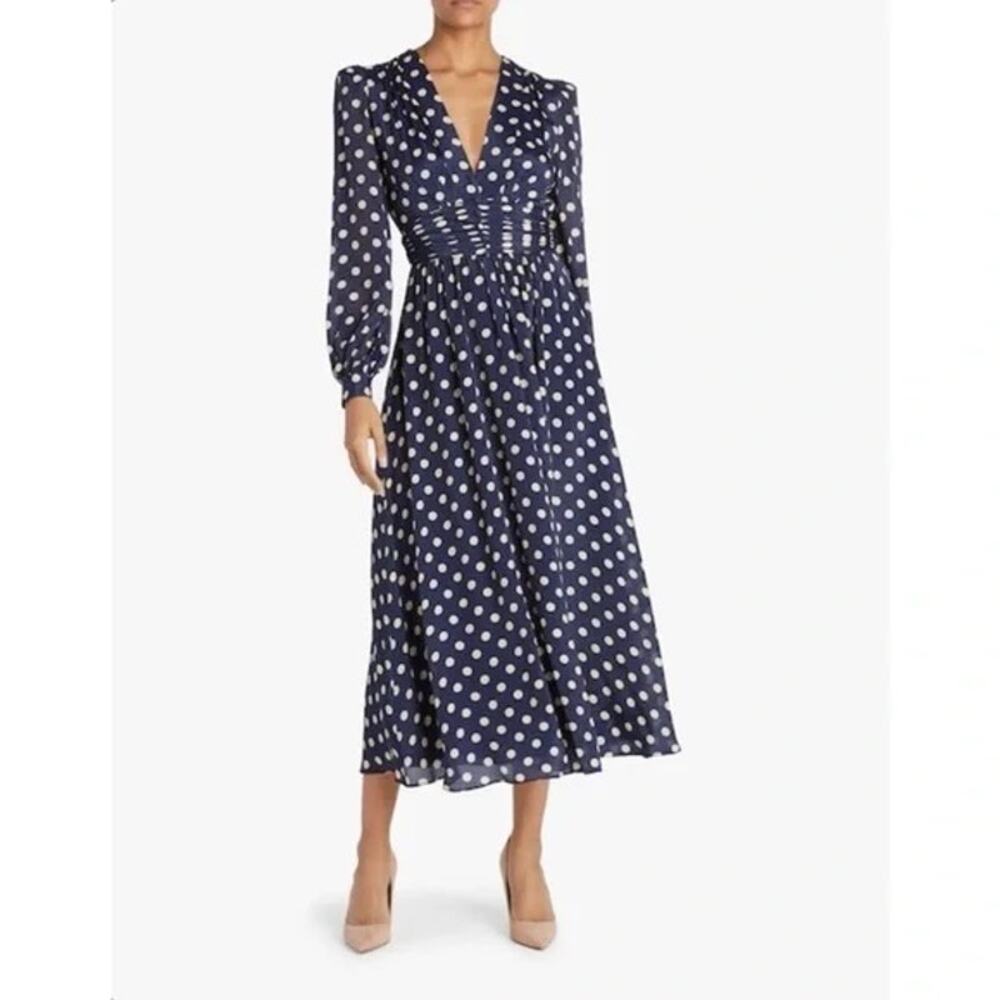 NWT Ronny Kobo Navy Maria Polka Dot Long Sleeve Low V-Neck Midi Dress Size Med - Picture 5 of 6